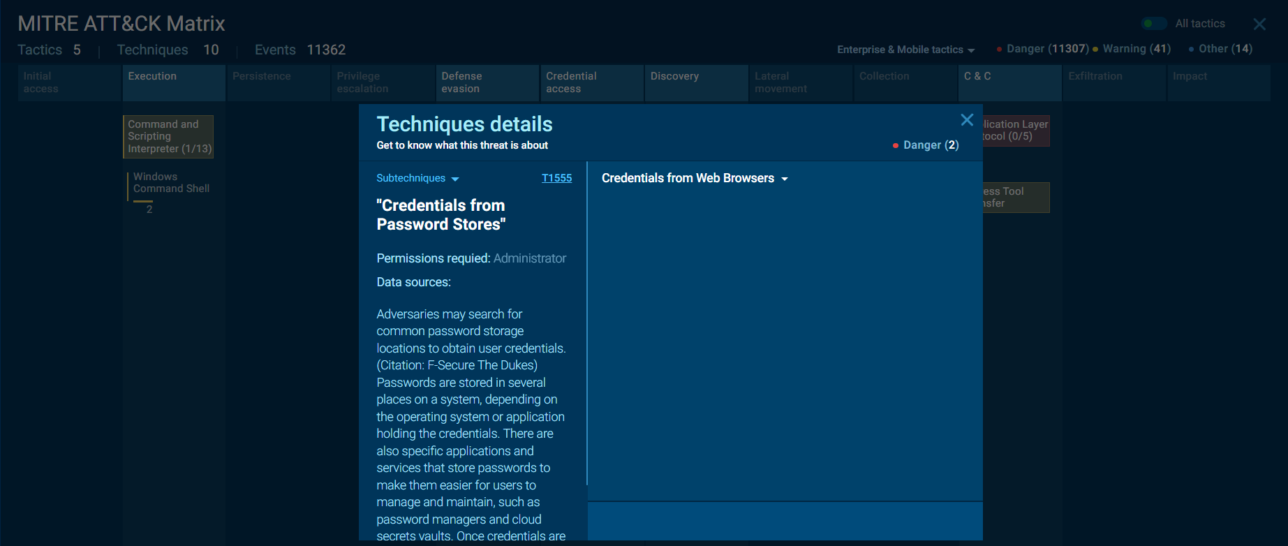 ANY.RUN MITRE ATT&CK Matrix for the Stealc sample showing Tactics 5, Techniques 10, Events 11362 across Initial access, Execution, Persistence, Privilege escalation, Defense evasion, Credential access, Discovery, Lateral movement, Collection, C&C, Exfiltration, and Impact columns. A Techniques details pop-up is shown for T1555 — "Credentials from Password Stores" with subtitle: Adversaries may search for common password storage locations to obtain user credentials. Permissions required: Administrator. Subtechniques dropdown shows "Credentials from Web Browsers."
